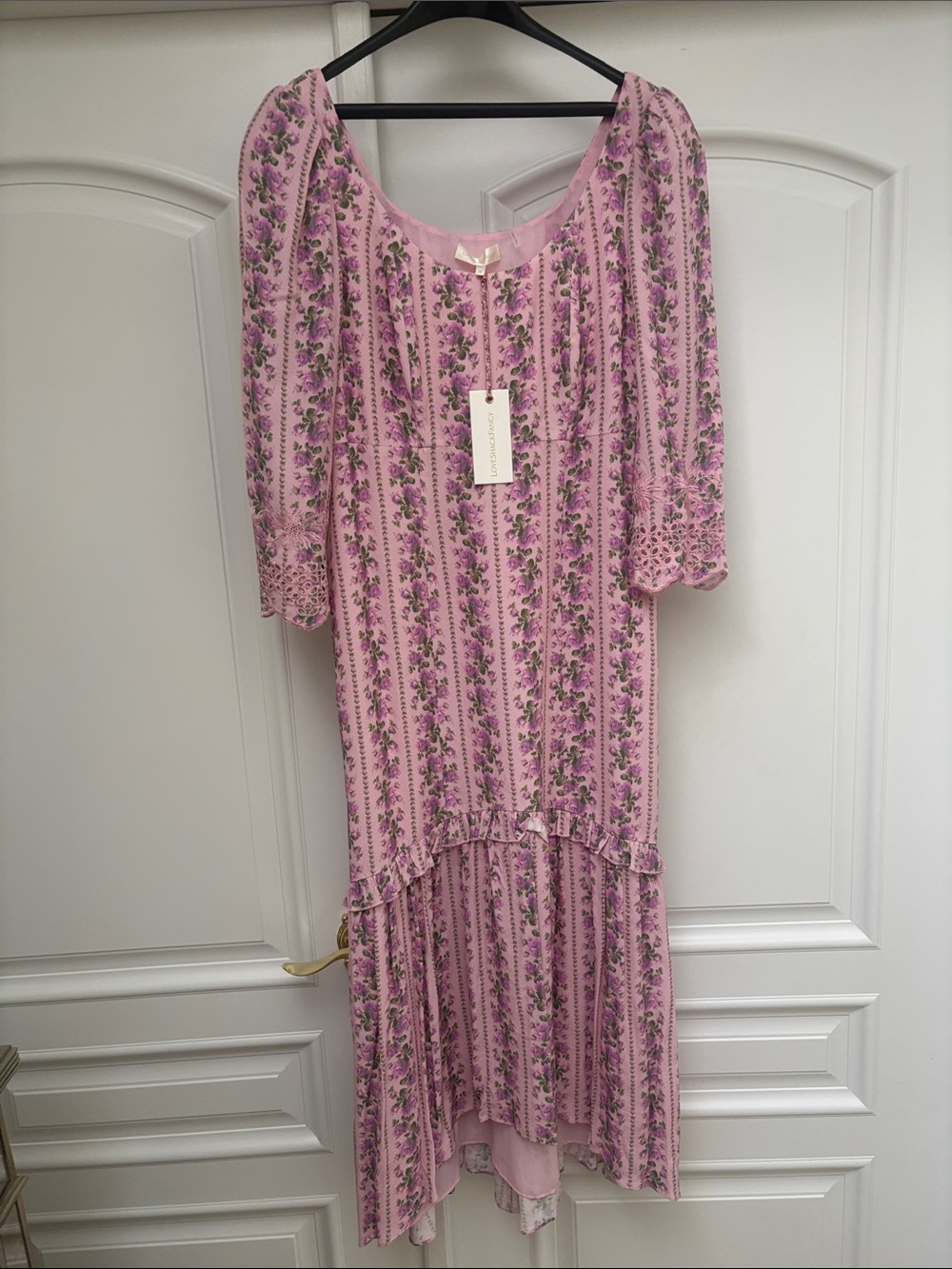 LoveShackFancy Pink Floral High-Low Midi Dress